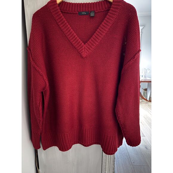 RDI Red Sweater Sz L Shoulder & Arm Seams Women's Chunky Knit V-neck Cabincore - Picture 1 of 12